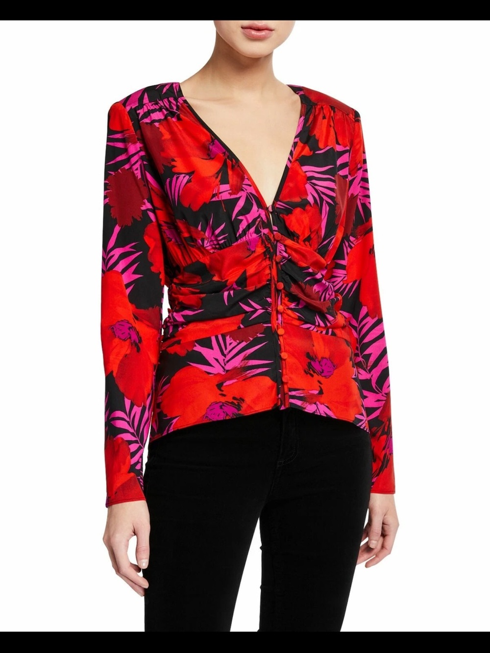 Veronica Beard Red & Pink Floral V-Neck Ruched Blouse